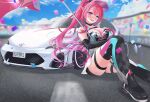  1girl absurdres bare_shoulders black_shorts black_thighhighs blue_eyes blurry blurry_background blush breasts cleavage confetti flag heterochromia highres holding holding_flag hololive hololive_english irys_(hololive) irys_(race_queenrys)_(hololive) large_breasts multicolored_hair open_mouth purple_eyes purple_hair race_queen red_hair shione_(laa_shione) shorts sitting skindentation solo streaked_hair thigh_strap thighhighs two-tone_hair virtual_youtuber visor_cap 