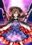  :d bow brown_eyes brown_hair cape clothes_writing glasses hat hat_bow kikuichi_monji long_sleeves looking_at_viewer low_twintails open_mouth plaid red-framed_eyewear school_uniform shirt short_hair skirt smile solo touhou twintails usami_sumireko white_bow 