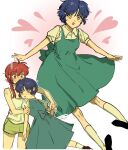  2girls :d ahoge blue_eyes blue_hair blush blush_stickers braid commentary_request dress fuurinkan_high_school_uniform green_dress green_shorts hand_blush highres jay_03010 korean_commentary multiple_girls open_mouth pink_background ranma_1/2 red_hair saotome_ranma saotome_ranma_(female) school_uniform short_hair shorts single_braid smile socks sweatdrop tank_top tendou_akane white_socks white_tank_top yellow_eyes yuri 
