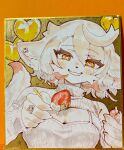  1boy ahoge animal_ears animal_hands animal_nose balloon blush breasts cleavage closed_mouth cream earrings fang food fork fox_ears fruit furry furry_male gold_background grass heart_balloon highres holding holding_food holding_fork jewelry large_breasts long_sleeves looking_at_viewer male_focus marker medium_hair messy_hair nashinoro_kikuri niisha_(nashinoro_kikuri) orange_eyes original photo_(medium) photo_background reaching reaching_towards_viewer ribbed_sweater ring shikishi smile smirk smug snout solo strawberry sweater symbol-shaped_pupils traditional_media trap turtleneck upper_body white_fur white_hair white_sweater x-shaped_pupils yellow_background 