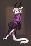 annoyed anthro bottomwear clothing crossed_arms hair hi_res horn leg_on_thigh lonerdemiurge long_tail looking_at_viewer male on_tail pants short_hair sling_bag sweater tail topwear