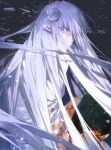  1girl braid crown_braid elf emilia_(re:zero) flower hair_ornament highres pointy_ears purple_eyes purple_ribbon re:zero_kara_hajimeru_isekai_seikatsu ribbon rose span_(shibanyu63868) white_flower white_rose x_hair_ornament 