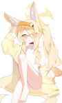  absurdres animal_ear_fluff animal_ears bare_legs barefoot blonde_hair blue_archive cardigan commentary dot_nose fox_ears halo hat highres long_hair looking_at_viewer one-piece_swimsuit one_eye_covered open_mouth pin seia_(blue_archive) simple_background single_bare_shoulder single_off_shoulder sitting sunglasses swimsuit thighs white_background white_one-piece_swimsuit yellow_cardigan yellow_hat zizhucan 