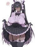  1girl absurdres alternate_costume alternate_hairstyle black_bow black_gloves black_hair black_skirt black_thighhighs blue_archive blush bow breasts clothes_lift cross-laced_clothes cross-laced_skirt dark-skinned_female dark_skin frilled_thighhighs frills garter_straps gloves gradient_hair half_gloves halo highres huge_breasts karin_(blue_archive) lifting_own_clothes long_hair looking_at_viewer medium_skirt multicolored_hair panties pink_shirt purple_hair purple_halo revision shirt simple_background skirt skirt_lift slit_pupils smile solo speech_bubble thighhighs twintails underwear very_dark_skin very_long_hair white_background white_panties xipa yellow_eyes 