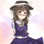  1girl arms_behind_back black_hat blush bow brown_eyes brown_hair closed_mouth collared_shirt commentary hat hat_bow highres medium_hair plaid_clothes plaid_skirt plaid_vest purple_skirt purple_vest quimbaya_airplane shirt skirt solo touhou twintails usami_sumireko uwazumi vest white_background white_bow white_shirt 