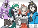  4girls apron aqua_eyes aqua_jacket black_bow black_bowtie black_dress black_eyes black_hair blonde_hair bow bowtie braid broom closed_mouth collared_shirt colored_tips dark_skin dress ear_piercing earrings eyelashes fascinator fishnet_pantyhose fishnets frills glasses gloves green_hair grey_shirt griselle_(pokemon) hair_between_eyes hair_ornament hair_over_shoulder hand_on_own_face hand_on_own_hip hat highres holding holding_broom hood hood_down hooded_jacket jacinthe_(pokemon) jacket jewelry lebanne_(pokemon) lida_(pokemon) long_hair long_sleeves maid maid_headdress mega_stone multicolored_hair multiple_girls open_mouth orange_apron orange_hair pale_skin pantyhose piercing pokemon pokemon_legends:_z-a ponytail puffy_long_sleeves puffy_sleeves purple_dress purple_eyes purple_hair purple_hat shirt single_braid smile teeth translation_request two-tone_hair upper_teeth_only very_dark_skin very_long_hair white-framed_eyewear white_apron white_bow white_gloves white_headdress yoshioka_suke 