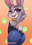 anthro artist_name big_butt bow_tie brachyzoid breasts butt clothed clothing disney eyebrows eyelashes female fingers fur grey_body grey_fur hi_res judy_hopps lagomorph leporid long_ears mammal open_mouth patreon purple_eyes rabbit shirt_collar shirt_cuffs small_breasts solo teeth text thick_thighs tongue tongue_out zootopia