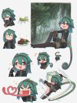  +++ 1girl :d afterimage braid bug chameleon_tail chameleon_tongue chibi chromatic_aberration commentary dagger directional_arrow drakeposting english_commentary expressions food grasshopper green_hair grey_background hair_between_eyes hairband heart heart_of_string highres insect long_tongue medium_hair meme multiple_views open_mouth original pointing pointing_at_self porforever red_eyes side_braid simple_background smile steak tail tongue tongue_out very_long_tongue wall-eyed weapon 