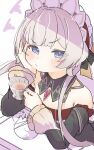  1girl bare_shoulders black_bow black_collar black_dress black_sleeves blue_eyes blush bonnet bow brown_hair closed_mouth collar commentary cup detached_collar detached_sleeves dress gem genshin_impact hair_bow hand_on_own_cheek hand_on_own_face head_rest highres holding holding_cup inaririn looking_at_viewer pout red_gem sandrone_(genshin_impact) saucer short_hair_with_long_locks signature solo teacup white_headdress wide_sleeves yellow_bow 