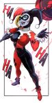  1girl alex_dos_diaz batman_(series) dc_comics domino_mask eye_mask hammer harlequin harley_quinn harley_quinn_(classic) highres holding holding_hammer jester jester_costume mask multicolored_shorts red_lips shorts solo white_facepaint 