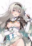  1girl aqua_pupils breasts breasts_out bridal_gauntlets firefly_(honkai:_star_rail) grey_hair hair_intakes hair_ornament highres honkai:_star_rail honkai_(series) long_hair looking_at_viewer lying medium_breasts nipples no_panties on_back open_mouth pink_eyes revision sample_watermark shirokitsune single_bridal_gauntlet smile solo upper_body watermark white_background 