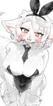  1boy animal_ears animal_nose bare_legs bare_shoulders black_hairband black_leotard black_necktie blush breasts cleavage collared_shirt fang fox fox_boy fox_ears furry furry_male gradient_hair hairband highres huge_breasts large_breasts latex leaning_forward leotard looking_at_viewer male_focus medium_hair messy_hair multicolored_hair nashinoro_kikuri necktie niisha_(nashinoro_kikuri) open_mouth orange_eyes original playboy_bunny rabbit_ears shirt simple_background snout solo symbol-shaped_pupils thick_thighs thighs trap upper_body white_background white_fur white_hair white_shirt white_wrist_cuffs wrist_cuffs x-shaped_pupils 