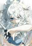  1girl 2gousu between_fingers blue_eyes bow braid commentary green_bow grey_hair hair_bow highres holding holding_knife izayoi_sakuya knife knives_between_fingers long_hair looking_at_viewer maid maid_day maid_headdress puffy_short_sleeves puffy_sleeves short_sleeves simple_background solo touhou twin_braids upper_body white_background 