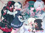  2girls beret black_hair black_hat black_shirt chibi colored_extremities commission crown empty_eyes extra_eyes extra_horns flower gradient_hair hair_flower hair_ornament hat highres holding_hands jiuyi9109 long_hair long_sleeves looking_at_another mahou_shoujo_no_majo_saiban multicolored_hair multiple_girls multiple_views necktie nikaido_hiro one_eye_closed open_mouth pink_hair profile red_eyes red_flower red_necktie sakuraba_ema shirt short_hair skeletal_wings smile spoilers standing white_flower white_hair wings witch_(manosaba) x_hair_ornament 