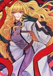  1girl black_gloves blonde_hair bow commentary_request dress gloves highres missing_headwear purple_dress purple_tabard red_eyes solo staygold tabard touhou yakumo_yukari 