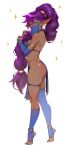  1girl anklet ass blue_eyes blue_nails bridal_gauntlets cheshirrr covered_nipples dancer_shantae dark_skin from_side full_body gold_anklet high_braided_ponytail highres jewelry long_hair long_pointy_ears looking_at_viewer mask mouth_mask mouth_veil nail_polish pelvic_curtain pointy_ears purple_hair shantae shantae_(series) solo stirrup_footwear thighlet tiptoes toenail_polish toenails veil very_long_hair 