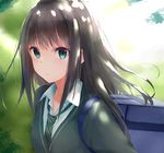  :o bag bangs blush brown_hair collared_shirt dappled_sunlight eyebrows eyebrows_visible_through_hair green_eyes green_neckwear highres idolmaster idolmaster_cinderella_girls kachayori light_rays long_hair looking_at_viewer necktie outdoors parted_lips school_bag shibuya_rin shirt solo striped striped_neckwear sunlight sweater tareme upper_body white_shirt 