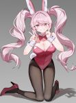  1girl absurdres alice_(nikke) alternate_costume animal_ear_hairband animal_ears arms_up bare_shoulders black_pantyhose blush bow bowtie breasts cleavage collar commentary_request detached_collar double_v eb_030 fake_animal_ears full_body goddess_of_victory:_nikke gradient_background grin hair_between_eyes hairband high_heels highres kneeling korean_commentary large_breasts leotard long_hair long_sidelocks looking_at_viewer pantyhose pink_bow pink_bowtie pink_eyes pink_hair pink_leotard pink_nails pink_shoes playboy_bunny rabbit_ear_hairband rabbit_ears rabbit_tail shadow shoes sidelocks simple_background smile solo tail twintails v very_long_hair wavy_hair white_collar wrist_cuffs 