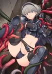  1girl armor armored_boots armored_legwear belt belt_buckle black_hairband boots breastplate breasts brown_gloves buckle cape clenched_teeth commentary_request elbow_gloves gauntlets gloves greaves grey_eyes grey_hair hairband imminent_rape kirishima_satoshi knight leg_armor navel original panties pauldrons penis_tentacle poleyn restrained short_hair shoulder_armor solo super_highleg teeth tentacles underwear vambraces 