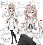  1girl absurdres angel_wings arrow_(symbol) artist_name ascot badge black_ascot blue_archive blush brown_hair button_badge chair character_name chest_harness commentary crossed_legs cup cursive doodle_inset doodle_sensei_(blue_archive) dress english_text feathered_wings flower hair_flower hair_ornament halo harness heart highres holding holding_cup holding_saucer interlocked_fingers long_hair long_sleeves low_wings mika_(blue_archive) multiple_views nagisa_(blue_archive) ougiikun pink_flower red_halo saucer sensei_(blue_archive) simple_background sitting speech_bubble spoken_heart standing tea teacup white_background white_dress white_flower white_wings wings yellow_eyes 