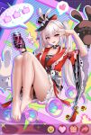  1girl absurdres animal_ears bare_legs bare_shoulders barefoot bell black_choker black_gloves black_hat black_panties braid breasts butterfly-shaped_pupils cellphone choker clothing_cutout club_(shape) diamond_(shape) diamond_facial_mark diamond_on_cheek emoji facial_mark frilled_skirt frills full_body gloves grey_hair hat hat_ornament heart heart_facial_mark heart_on_cheek heart_print highres holding holding_phone honkai:_star_rail honkai_(series) laughing long_hair looking_at_viewer mark_under_both_eyes megaphone mini_hat mini_top_hat multicolored_hair open_mouth panties phone pink_eyes rabbit_ear_headwear rabbit_ears rabbit_hat_ornament red_shirt revision shirt shoulder_cutout single_glove sitting skirt smartphone smile solo sparkle_(honkai:_star_rail) sparxie_(honkai:_star_rail) symbol-shaped_pupils thigh_strap thumbs_up thumbs_up_emoji top_hat twintails underwear v very_long_hair white_hair white_skirt wide_sleeves zekong_pioneer 
