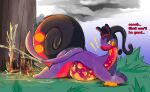 absurd_res anthro bodily_fluids digital_media_(artwork) dragon english_text female fire generation_2_pokemon generation_6_pokemon generation_8_pokemon genital_fluids goodra hi_res hisuian_form hisuian_goodra hybrid lava lying_on_ground magcargo mythological_creature mythological_scalie mythology nintendo on_ground open_mouth peeing pokemon pokemon_(species) purple_body raveneevee regional_form_(pokemon) scalie shell simple_background smoke smoke_cloud solo text urine urine_stream watersports