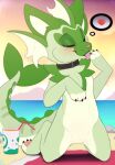 2022 3_toes beach beach_towel beverage black_claws black_collar claws collar collar_only day digital_media_(artwork) drinking_straw eeveelution eyes_closed fan_character fangs featureless_crotch feet female female_feral feral fin front_view generation_1_pokemon generation_9_pokemon green_body green_ears green_tail hi_res hybrid kneeling licking meraence nintendo nude nude_female outside pawpads pink_nose pink_pawpads pink_tongue pokemon pokemon_(species) rock sand sea seaside self_lick sky snout solo sprigatito star starry_sky tail teeth toe_claws toes tongue tongue_out towel vaporeon water