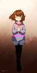  bad_id bad_twitter_id black_legwear brown_hair closed_eyes frisk_(undertale) full_body glowing gradient gradient_background hands_clasped heart highres koyashaka open_mouth own_hands_together pantyhose shorts signature simple_background solo standing striped striped_sweater sweater undertale 