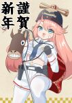  1girl absurdres azur_lane bandaid bandaid_on_face blue_eyes blue_necktie capelet chinese_zodiac commentary_request custodian_helmet gallant_(azur_lane) helmet highres long_hair looking_at_viewer midriff navel necktie open_mouth pantyhose pink_hair police police_uniform policewoman red_capelet shorts solo super_mizow swept_bangs whistle whistle_around_neck white_pantyhose white_shorts year_of_the_horse 