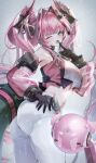  1girl arknights arknights:_endfield ass bare_shoulders blue_eyes crop_top detached_sleeves dragon_horns dragon_tail drill_hair hair_intakes highres horns long_hair long_sidelocks looking_at_viewer multicolored_hair nayul_illust one_eye_closed open_mouth pants pink_hair revision sidelocks solo streaked_hair tail tight_clothes tight_pants twin_drills white_pants yvonne_(arknights) 