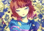  bad_id bad_pixiv_id brown_hair close-up eyebrows eyebrows_visible_through_hair flower frisk_(undertale) half-closed_eyes head_tilt highres lips looking_at_viewer ottmi parted_lips petals short_hair solo striped striped_sweater sweater undertale upper_body yellow_eyes 