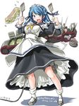  apron blue_eyes blue_hair double_bun dress flipping_food food kantai_collection maid maid_apron maid_headdress omelet open_mouth rigging smile solo spatula tatsumi_ray urakaze_(kantai_collection) 