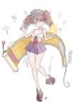  1girl alternate_costume bikini breasts commentary_request fire front-tie_bikini_top front-tie_top full_body geta grey_visor_cap highres kantai_collection neve_(morris-minicooper) purple_skirt ryuujou_(kancolle) scroll shikigami simple_background skirt small_breasts solo standing standing_on_one_leg swimsuit visor_cap white_background white_bikini 