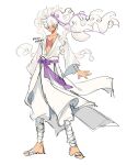  1boy full_body hair_ribbon highres ki2ri5 male_focus monkey_d._luffy one_piece pants ponytail purple_ribbon purple_sash ribbon sash scar scar_on_chest scar_on_face simple_background smile solo white_background white_hair white_pants wide_sleeves 