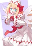  aqua_eyes blonde_hair capelet dress fairy_wings hat highres lily_white long_hair long_sleeves looking_at_viewer open_mouth sh_(562835932) solo touhou white_dress wide_sleeves wings 