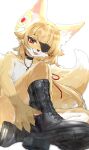  1girl absurdres animal_ears animal_nose bare_shoulders black_boots black_choker blonde_hair blush boots choker cross cross_necklace eye_symbol eyepatch fangs fluffy_tail fox fox_ears fox_girl fox_tail furry furry_female halo highres holding holding_boots holding_unworn_clothes hugging_own_legs jewelry knee_boots knees_up lace-up_boots large_ears medium_hair messy_hair nashinoro_kikuri necklace nude open_mouth original red_eyes shirt simple_background sitting sleeveless snout solo tail tongue tongue_out unworn_boots white_background white_fur white_shirt yellow_fur yellow_halo 