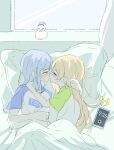  2girls absurdres blonde_hair blue_hair blush cellphone commentary_request hand_in_another's_hair hand_on_another's_shoulder highres long_hair mahou_shoujo_no_majo_saiban march_23th morning multiple_girls on_bed phone pillow shirt smartphone tachibana_sherry tono_hanna under_covers waking_up white_shirt yellow_eyes yuri 
