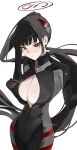 1girl absurdres black_bodysuit black_gloves black_hair black_halo blue_archive bodysuit closed_mouth gloves halo headgear high_collar high_ponytail highres icetabetaaii long_hair looking_at_viewer multicolored_halo open_bodysuit open_clothes ponytail red_eyes red_halo rio_(armed)_(blue_archive) rio_(blue_archive) simple_background solo standing two-tone_halo white_background 