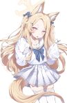  1girl animal_ear_fluff animal_ears bird blonde_hair blue_archive blush bow breasts collarbone cross_halo extra_ears forehead fox_ears fox_girl fox_tail gold_trim gradient_eyes hair_bow hair_ornament halo highres long-tailed_tit long_hair long_sleeves looking_at_viewer multicolored_eyes multiple_hair_bows neckerchief open_mouth parted_bangs pleated_skirt purple_eyes red_neckerchief sailor_collar school_uniform seia_(blue_archive) serafuku shirt sidelocks skirt sleeves_past_fingers sleeves_past_wrists small_breasts solo tail talking thighhighs tit_(bird) twintails two-tone_eyes very_long_hair white_background white_sailor_collar white_shirt white_thighhighs winter_uniform yellow_eyes yellow_halo youguo_naberu 