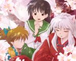  1girl :d animal_ears bead_necklace beads brown_eyes brown_hair cherry_blossoms closed_eyes commentary_request dog_boy dog_ears green_sailor_collar green_skirt hakama hetero higurashi_kagome inuyasha inuyasha_(character) japanese_clothes jewelry long_hair necklace open_mouth pleated_skirt ponytail ranma_1/2 red_hakama sailor_collar school_uniform shippou_(inuyasha) skirt smile tooth_necklace tree white_hair zunko 