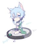  1girl animal_ear_fluff animal_ears armor artist_name asagi501 bandaged_hand bandages black_boots blue_hair blush blush_stickers boots cat_ears cat_girl cat_tail chest_guard chibi closed_mouth coat collared_coat commentary_request double-parted_bangs full_body green_coat hair_between_eyes high_collar highres light_frown medium_hair messy_hair midriff navel open_clothes open_coat riding riding_robotic_vacuum_cleaner robotic_vacuum_cleaner seiza simple_background sinon sinon_(sao-alo) sitting solo sword_art_online tail thigh_strap twitter_username v-shaped_eyebrows white_armor white_background 