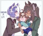  3girls animal_ears blue_eyes blue_hair cesario_(casual)_(umamusume) cesario_(umamusume) child closed_eyes dailytachycafe dark-skinned_female dark_skin epiphaneia_(umamusume) horse_ears horse_girl kiss kissing_head mother's_day mother_and_child multiple_girls parent_and_child ponytail smile symboli_kris_s_(casual)_(umamusume) symboli_kris_s_(umamusume) umamusume umamusume_horse_relations 