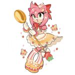  1girl :o amy_rose amy_rose_(dulce) apron blush bow bowtie cake food gaunau1128 green_eyes hair_bow hedgehog_girl highres holding holding_spoon pink_hair red_bow red_bowtie skirt sonic_(series) spoon strawberry_cake strawberry_ornament striped_clothes striped_thighhighs thighhighs vertical-striped_clothes vertical-striped_thighhighs whipped_cream white_bow yellow_skirt 