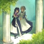  2girls absurdres alternate_costume black_dress black_hair black_shoes blue_eyes brown_hair closed_eyes columbina_(genshin_impact) commentary_request day dress enmaided frilled_hairband frills full_body genshin_impact hairband highres juliet_sleeves long_hair long_sidelocks long_sleeves looking_at_another maid maid_headdress multicolored_hair multiple_girls neu_(neu_neu1117) open_mouth outdoors puffy_sleeves purple_hair sandrone_(genshin_impact) shoes short_hair_with_long_locks sidelocks standing very_long_hair white_hairband 