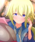  2girls :3 amano_soraha arm_around_shoulder assault_lily baichi_(ph4yvfsqyynkhnv) blonde_hair blue_eyes blue_jacket blue_necktie blush breasts brown_shirt closed_mouth collared_shirt commentary day hair_between_eyes hand_in_another's_hair hand_on_another's_cheek hand_on_another's_face highres huge_breasts jacket light_particles long_hair long_sleeves looking_at_viewer low_ponytail maki_wakana multiple_girls necktie official_alternate_costume open_clothes open_jacket out_of_frame outdoors pink_jacket ponytail shirt short_necktie smile solo_focus upper_body white_shirt yuri 