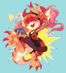 action_pose anthro big_tail bottomwear claws clothing countershading dinosaur dragon dress fangs female hair hi_res horn kaiju mythological_creature mythological_scalie mythology orange_body pigtails pink_hair pose prehistoric_species red_claws red_eyes reptile saurischian scalie skirt sony-shock stripes tail teeth theropod tsuchino_(blargen69) tyrannosaurid tyrannosauroid tyrannosaurus tyrannosaurus_rex visor yokai_love_you!