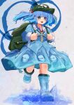 1girl absurdres backpack bag blue_boots blue_eyes blue_hair blue_shirt blue_skirt boots bright_pupils flat_cap full_body green_hat hair_bobbles hair_ornament hat highres kawashiro_nitori key leg_up looking_at_viewer medium_hair open_mouth pocket puddle revision shirt skirt solo tooya0130 touhou two_side_up white_pupils 
