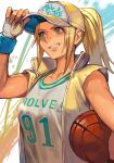  1girl adjusting_clothes adjusting_headwear ball baseball_cap basketball_(object) blonde_hair blue_eyes cropped_jacket fatal_fury fingerless_gloves genderswap genderswap_(mtf) gloves grin hat high_ponytail hungry_clicker jacket long_hair looking_ahead ponytail print_hat print_shirt shirt sidelocks smile snk_heroines:_tag_team_frenzy solo street_fighter street_fighter_6 terry_bogard upper_body white_gloves white_jacket white_shirt 