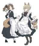  2girls animal_ears apron arknights basket black_boots black_bow black_shoes blonde_hair blush boots bow bowtie brown_bow brown_bowtie brown_eyes brown_hair dog_ears dog_girl dog_tail enmaided fox_ears fox_girl fox_tail full_body hair_bow highres holding holding_basket long_sleeves looking_at_viewer looking_back maid multiple_girls perfumer_(arknights) po_to_pu podenco_(arknights) ponytail shoes smile socks standing tail white_apron white_socks yellow_eyes 