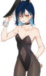  1girl absurdres animal_ears bare_shoulders black_choker black_leotard black_pantyhose blue_hair blush breasts choker cleavage closed_mouth collarbone commentary covered_navel cowboy_shot crossed_bangs double-parted_bangs english_commentary hair_between_eyes hair_ornament hairclip hand_up highres keisea leotard looking_at_viewer medium_breasts medium_hair original pantyhose parallel_hairclips playboy_bunny rabbit_ears simple_background solo strapless strapless_leotard white_background wrist_cuffs yellow_eyes yue_(keisea) 